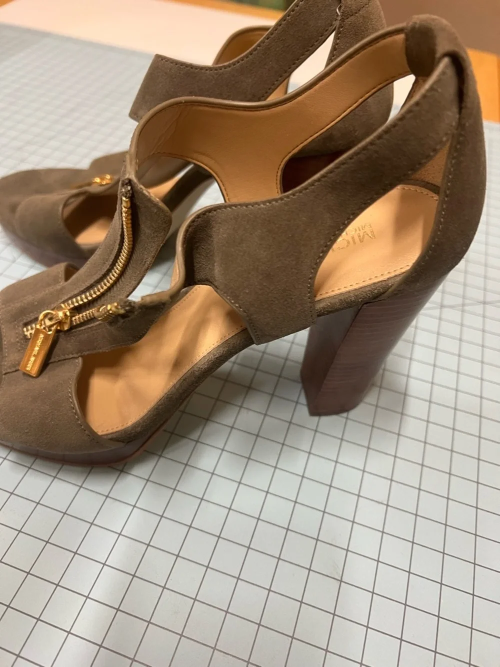 Michael Kors Olive Green Suede Zip-Front Block Heel Sandals - Picture 3 of 6